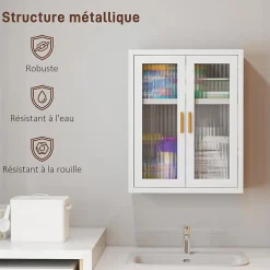 Homcom Armoire murale métal salle de bain étagère 2 portes acrylique cannelé 40 x 14 x 50 cm blanc doré