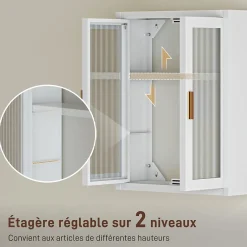 Homcom Armoire murale métal salle de bain étagère 2 portes acrylique cannelé 40 x 14 x 50 cm blanc doré