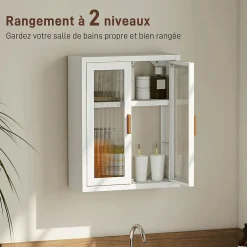 Homcom Armoire murale métal salle de bain étagère 2 portes acrylique cannelé 40 x 14 x 50 cm blanc doré