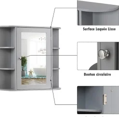Giantex Armoire Murale pour Salle de Bain 10 Etageres avec Miroir Plusieurs Tablettes de Differentes Tailles 65 x 17 x 63CM Gris* Meuble De Salle De Bains Faible Profondeur|Armoire De Salle De Bains