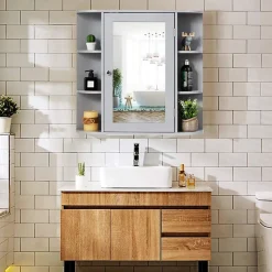 Giantex Armoire Murale pour Salle de Bain 10 Etageres avec Miroir Plusieurs Tablettes de Differentes Tailles 65 x 17 x 63CM Gris* Meuble De Salle De Bains Faible Profondeur|Armoire De Salle De Bains