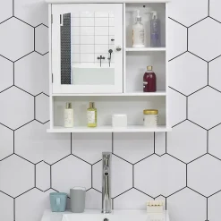 kleankin Armoire murale salle de bain armoire à glace placard de rangement toilettes 1 porte niche + étagères latérales MDF blanc* Armoire De Salle De Bains