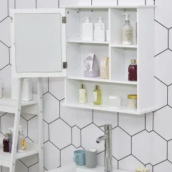 kleankin Armoire murale salle de bain armoire à glace placard de rangement toilettes 1 porte niche + étagères latérales MDF blanc* Armoire De Salle De Bains