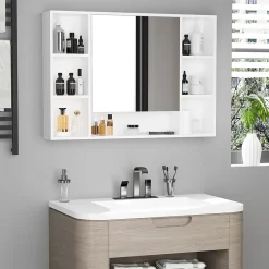 kleankin Armoire murale salle de bain avec miroir - 7 niches, étagère - 100 x 15 x 70 cm - MDF blanc* Armoire De Toilette