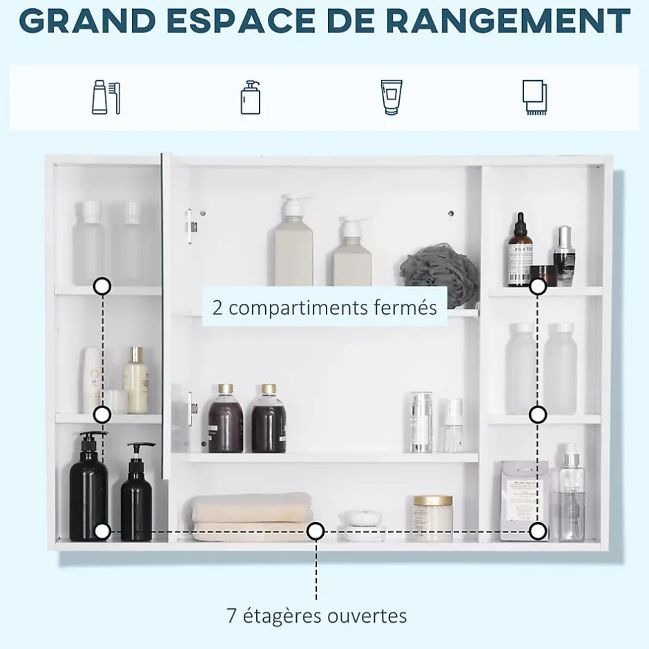 kleankin Armoire murale salle de bain avec miroir - 7 niches, étagère - 100 x 15 x 70 cm - MDF blanc* Armoire De Toilette