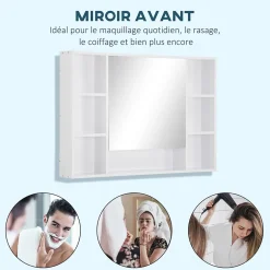 kleankin Armoire murale salle de bain avec miroir - 7 niches, étagère - 100 x 15 x 70 cm - MDF blanc* Armoire De Toilette