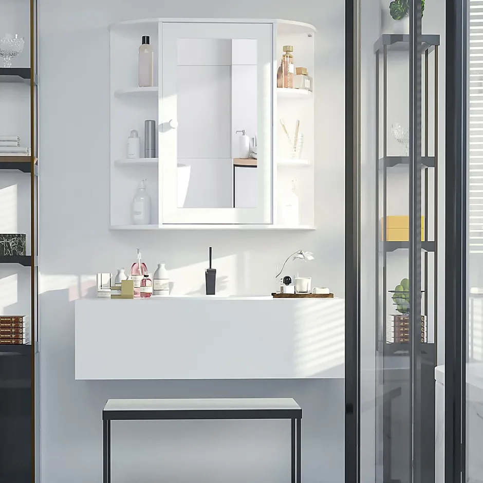 ProximaX Armoire murale salle de bain blanche avec miroir, 8 compartiments, meuble suspendu multifonction, 66 x 17 x 63 cm