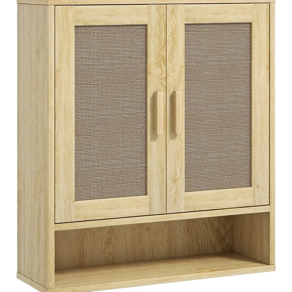 Homcom Armoire murale salle de bain WC style bohème - 2 portes, étagère, niche - effet rotin bois clair* Armoire De Salle De Bains