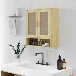 Homcom Armoire murale salle de bain WC style bohème - 2 portes, étagère, niche - effet rotin bois clair* Armoire De Salle De Bains
