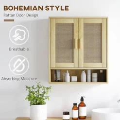 Homcom Armoire murale salle de bain WC style bohème - 2 portes, étagère, niche - effet rotin bois clair* Armoire De Salle De Bains