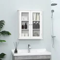 kleankin Armoire murale salle de bain 2 portes vitrées 2 étagères 55 x 20 x 65 cm blanc* Armoire De Salle De Bains