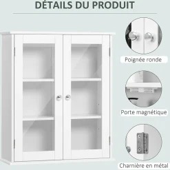 kleankin Armoire murale salle de bain 2 portes vitrées 2 étagères 55 x 20 x 65 cm blanc* Armoire De Salle De Bains