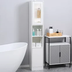 kleankin Armoire salle de bain, meuble de rangement colonne avec miroir, 2 portes, étagères réglables, 30x28x170cm, blanc* Colonne De Salle De Bains