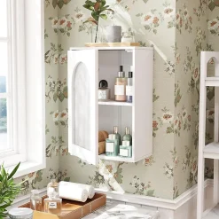 Giantex Armoire Salle de Bain,avec Porte en Verre Trempé Canne, au-Dessus des Toilettes avec Étagère Réglable pour Salon Buanderie, Blanc