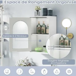 Giantex Armoire Salle de Bain,avec Porte en Verre Trempé Canne, au-Dessus des Toilettes avec Étagère Réglable pour Salon Buanderie, Blanc