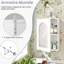 Giantex Armoire Salle de Bain,avec Porte en Verre Trempé Canne, au-Dessus des Toilettes avec Étagère Réglable pour Salon Buanderie, Blanc