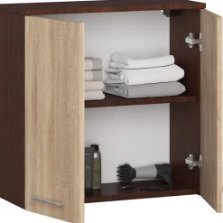 Akord Furniture Factory Armoire salle de bains AKORD FIN Meuble Haut Suspendue Wengé 60 cm 2 portes façade Chêne Sonoma 2 étagères 60x22,5x60 cm* Armoire De Salle De Bains|Meuble De Salle De Bains Faible Profondeur