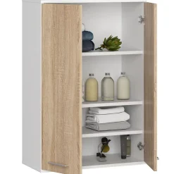 Akord Furniture Factory Armoire salle de bains suspendue AKORD FIN Blanche 64 cm 2 portes pleine Chêne Sonoma 4 étagères 64x30x94 cm