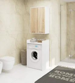 Akord Furniture Factory Armoire salle de bains suspendue AKORD FIN Blanche 64 cm 2 portes pleine Chêne Sonoma 4 étagères 64x30x94 cm