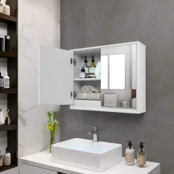 Giantex Armoire Toilette avec Miroir Murale, 2/3 Porte et 2/3 Etagères, Meuble à Miroir de Salle de Bain en MDF (56x14x45CM-2 Portes)