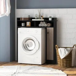 Giantex Armoire WC avec Etagere & 2 Compartiments & Tablettes reglables sur 10 niveaux & Anti-Bascule pour Buanderie Noir