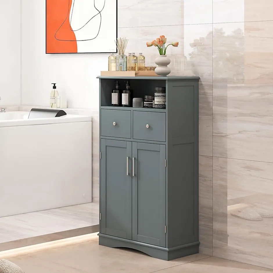 Giantex Armoire WC avec Etagere Reglable Meuble de Rangement pour Salle de Bain avec 2 Tiroirs et 2 Portes 60X30X107CM Gris* Armoire De Salle De Bains