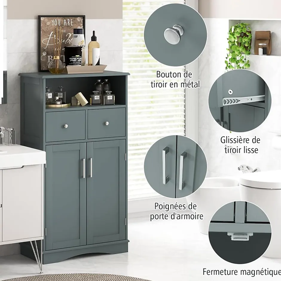 Giantex Armoire WC avec Etagere Reglable Meuble de Rangement pour Salle de Bain avec 2 Tiroirs et 2 Portes 60X30X107CM Gris* Armoire De Salle De Bains