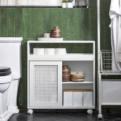Sobuy Armoire WC Toilettes Compact Roulante avec 2 Portes Coulissantes, BZR119-W,
