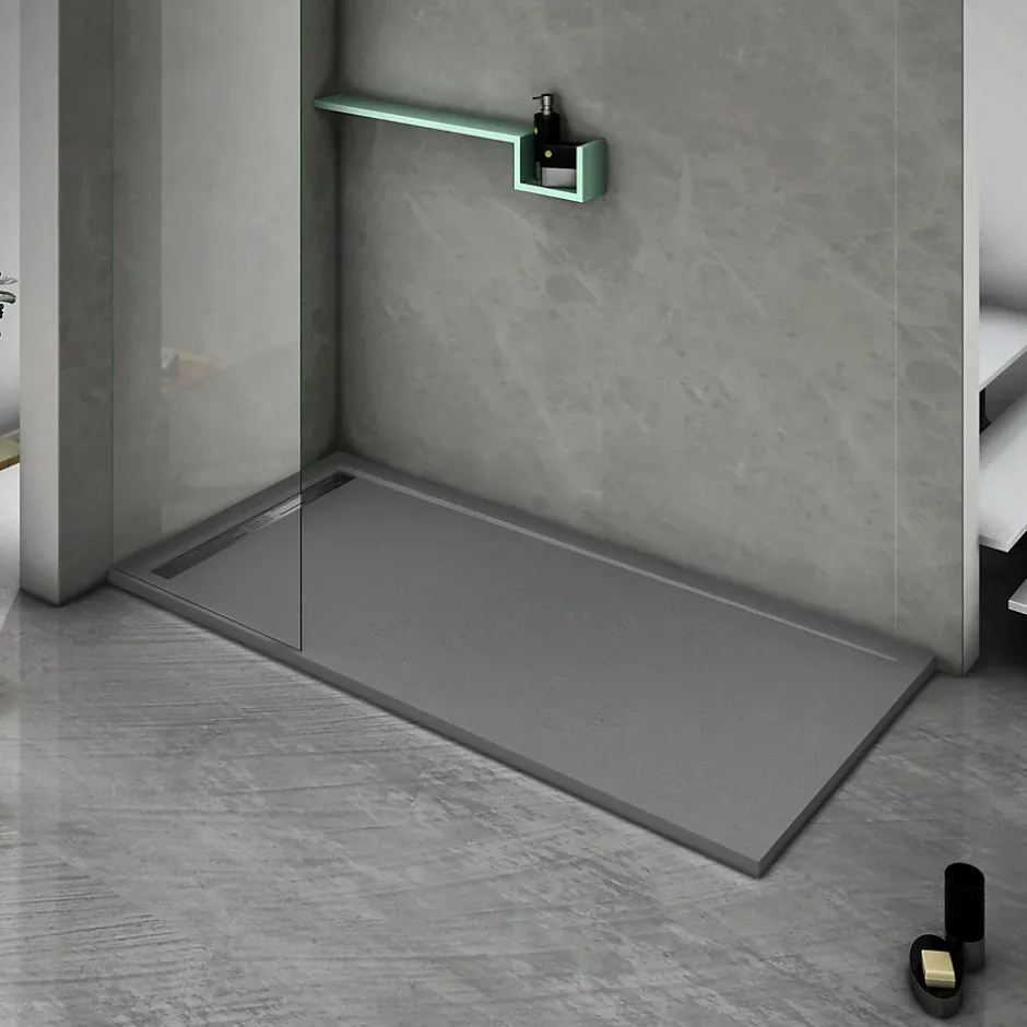 Grand Verre Bac à douche gris 80x80 à clôture en résine et 60% charge minérale receveur avec bonde et grille en inox