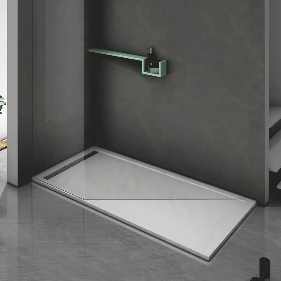 Grand Verre Bac à douche gris 80x80 à clôture en résine et 60% charge minérale receveur avec bonde et grille en inox