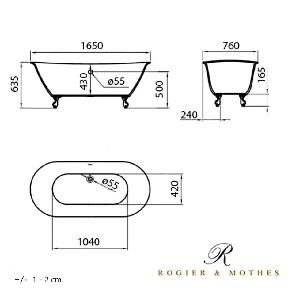 Rogier & Mothes Baignoire ancienne retro sur pieds SURRY HILLS Blanche 165 cm Pieds de Lion Cuivre rouge vieilli