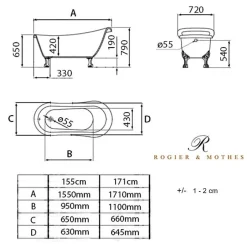 Rogier & Mothes Baignoire ancienne retro sur pieds RICHMOND Blanche 155 cm Pieds d'Aigle Chromes* Baignoire Îlot