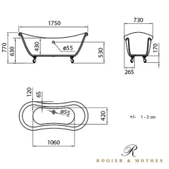 Rogier & Mothes Baignoire ancienne retro sur pieds DARLINGTON Blanche 175 cm Pieds d'Aigle Cuivre rouge vieilli
