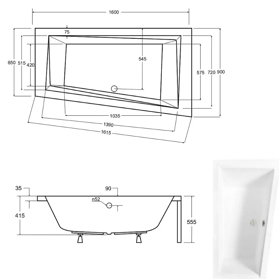 Besco Baignoire asymétrique + tablier blanc + repose tête - INTIMA - 160 x 90 cm - Droite