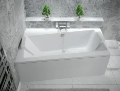 Besco Baignoire asymétrique + tablier blanc + repose tête - INFINITY - 160 x 100 cm - Gauche