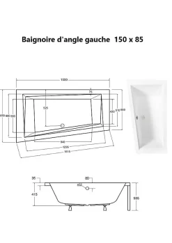 Besco Baignoire asymétrique + tablier noir + repose tête - INTIMA - 150 x 85 cm - Gauche