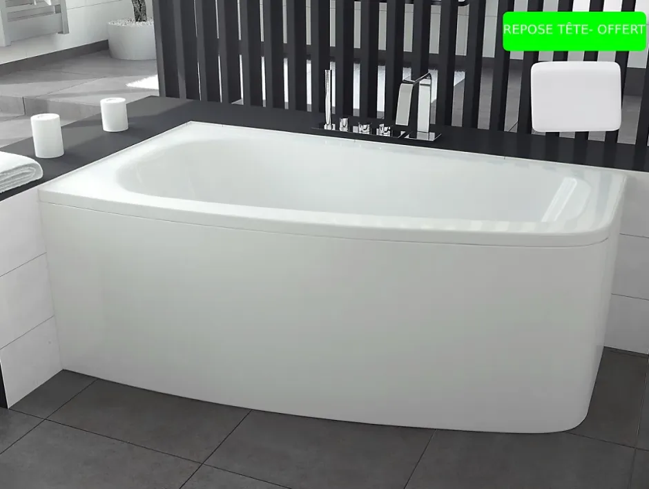 Besco Baignoire asymétrique + tablier blanc + repose tête - LUNA - 150 x 80 cm - Gauche