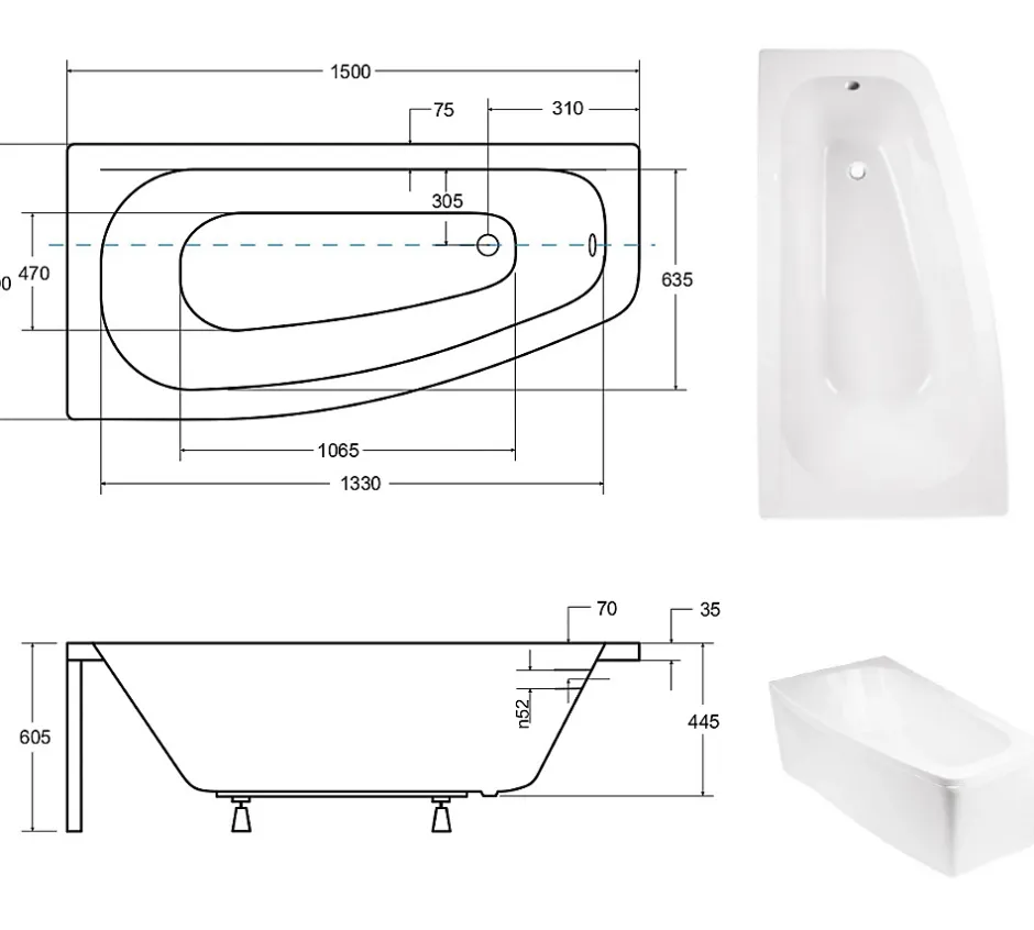 Besco Baignoire asymétrique + tablier blanc + repose tête - LUNA - 150 x 80 cm - Gauche