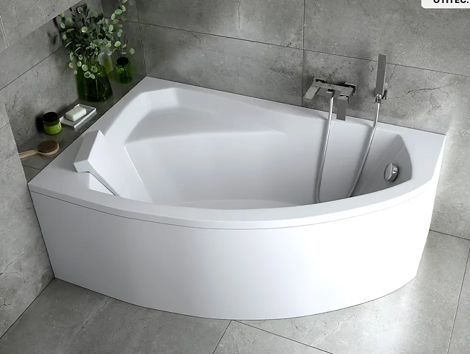 Besco Baignoire asymétrique - 140 x 90 cm - Gauche - avec Habillage - Pieds - Repose-tête - Vidage Chrome - RIMA* Baignoire Asymétrique