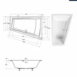 Besco Baignoire asymétrique - 180 x 125 cm - Droite - avec Habillage - Pieds - 2 Repose-têtes - Vidage Chrome - INTIMA DUO SLIM* Baignoire Asymétrique