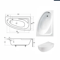 Besco Baignoire asymétrique - 140 x 80 cm - Droite- avec Tablier Blanc - Pieds - Vidage Chrome - CORNEA