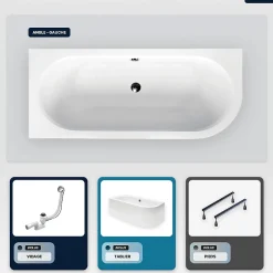 Besco Baignoire asymétrique - 180 x 80 cm - Gauche - avec Tablier Blanc - Pieds - Vidage Chrome - AVITA