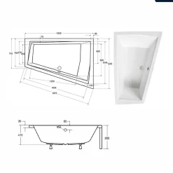 Besco Baignoire asymétrique - 180 x 125 cm - Droite - avec Habillage - Pieds - 2 Repose-têtes - Vidage Chrome - INTIMA DUO* Baignoire Asymétrique