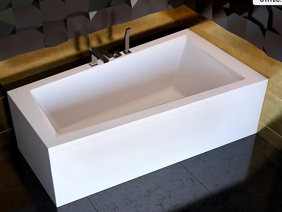 Besco Baignoire asymétrique - 160 x 90 cm - Droite - sans Habillage - avec Pieds - Repose-tête - Étagère bambou - Vidage Chrome - INTIMA