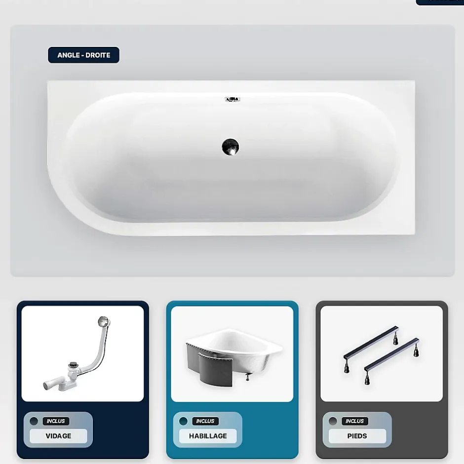 Besco Baignoire asymétrique - 180 x 80 cm - Droite - avec Habillage - Pieds - Vidage Chrome - AVITA SLIM