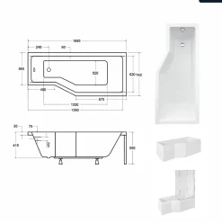 Besco Baignoire asymétrique - 170 x 75 cm - Droite - avec Tablier - Pieds - Pare Baignoire 3 Volets - Vidage Chrome - INTEGRA* Baignoire Asymétrique