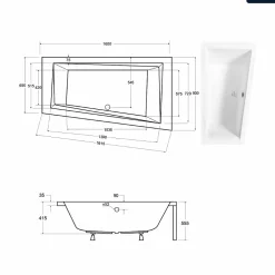 Besco Baignoire asymétrique - 160 x 90 cm - Droite - sans Habillage - avec Pieds - Étagère bambou - Vidage Chrome - INTIMA* Baignoire Asymétrique