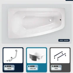 Besco Baignoire asymétrique - 150 x 80 cm - Gauche - avec Habillage - Pieds - Vidage Chrome - LUNA