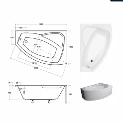Besco Baignoire asymétrique - 170 x 110 cm - Droite - sans Habillage - avec Pieds - Vidage Chrome - RIMA* Baignoire Asymétrique