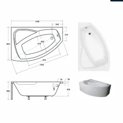 Besco Baignoire asymétrique - 140 x 90 cm - Gauche - sans Habillage - avec Pieds - Vidage Chrome - RIMA* Baignoire Asymétrique
